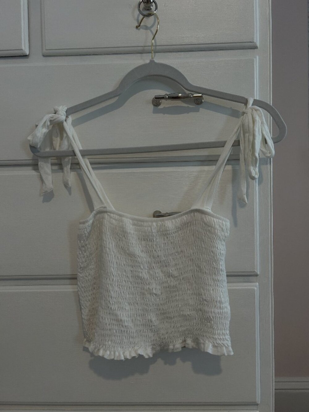 Juniper Blu White Smocked Tie Strap Top Cottagecore Boho Size M